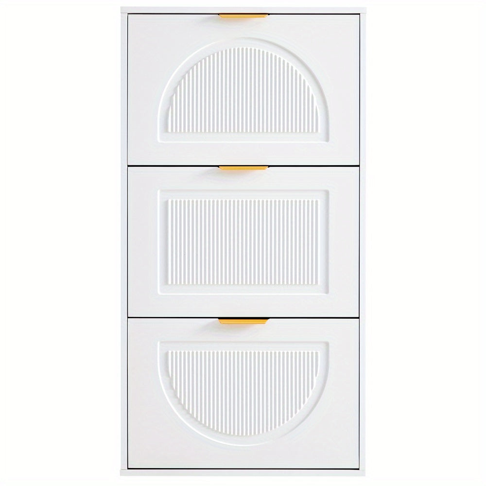 Modern White Narrow Shoe Cabinet with 3-Tier Shelves & Baffles - Space-Saving Vertical -Standing MDF Shoe Storage Unit, Golden-Like Label-Compatible for Hallway, Living Room, Entryway - Compact Shoe Rack (60x24x114cm), Shoe S