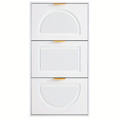 Modern White Narrow Shoe Cabinet with 3-Tier Shelves & Baffles - Space-Saving Vertical -Standing MDF Shoe Storage Unit, Golden-Like Label-Compatible for Hallway, Living Room, Entryway - Compact Shoe Rack (60x24x114cm), Shoe S