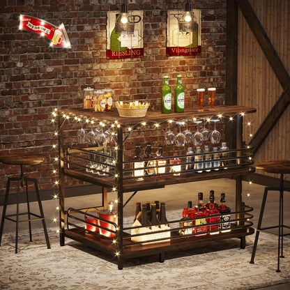 L-vormige Home Bar Unit – Hoekbar – Drankkast – Wijnrek – Barkeuken Meubel – 3 Etages Met Opbergrekken – Inclusief Wijn- En Wijnglashouder – Industrieel Rustiek Bruin