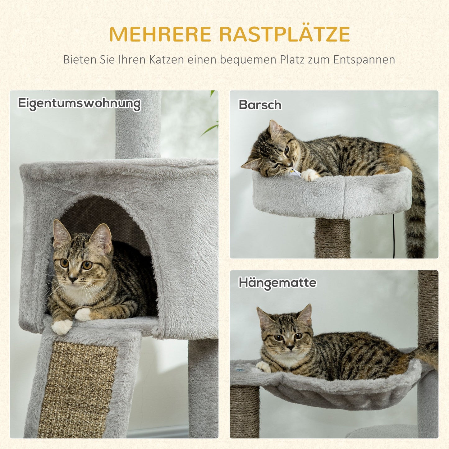Krabpaal – Kattenkrabpaal – Katzenbaum – Krabmeubel – Kattenhuis – Inclusief Kattenhol En Hangmat – Compact 60x40x113 Cm – Lichtgrijs Met Sisal Touwen