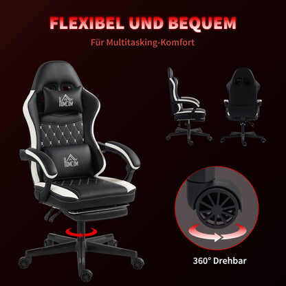 Gamingstoel – Bureaustoel – Computestoel – Gamedraaistoel – Ergonomische stoel – Zwart/Wit – Verstelbare Hoogte – Geïntegreerde Voetensteun