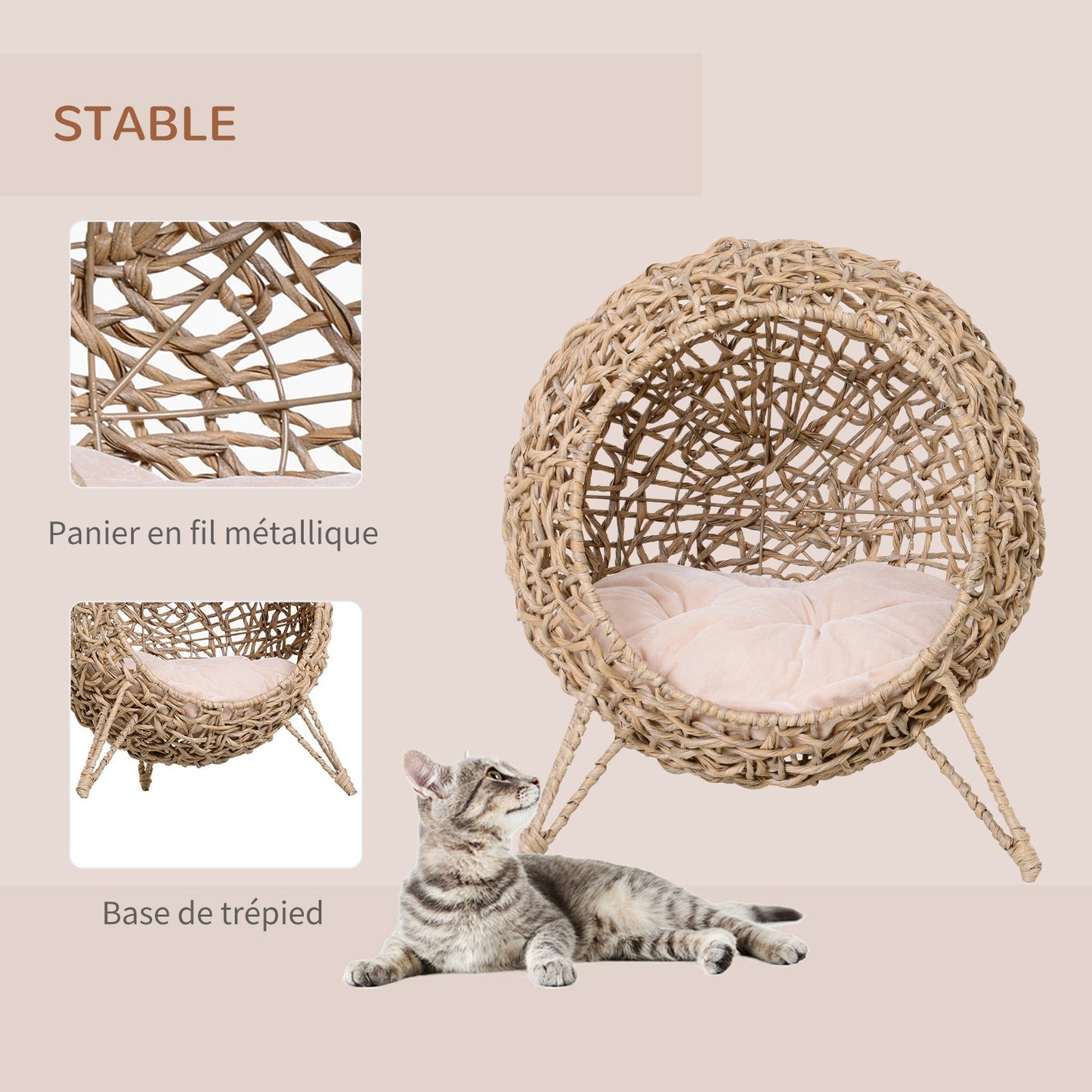 Kattenmand – Kattenbed – Kattenhuis – Kattenkussen – Kattenhol – Beige Kleur – Ø 52 x 58 cm – Duurzaam Imitatie Rattan Resin