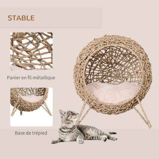 Kattenmand – Kattenbed – Kattenhuis – Kattenkussen – Kattenhol – Beige Kleur – Ø 52 x 58 cm – Duurzaam Imitatie Rattan Resin