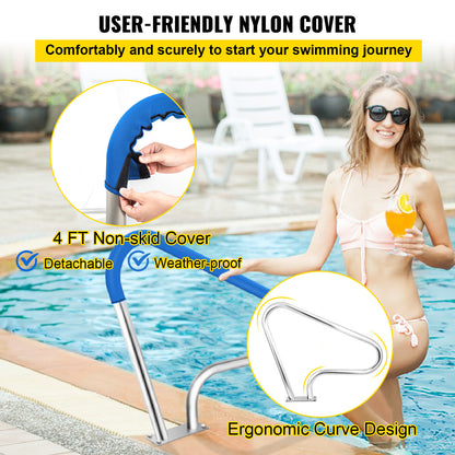 VEVOR Pool Rail 39x32" Pool Railing 304 Stainless Steel 250LBS Load Capacity Silver Rustproof Pool Handrail Humanized Swimming Pool Handrail with Blue Grip Cover & M8 Drill Bit & Self-taping Screws