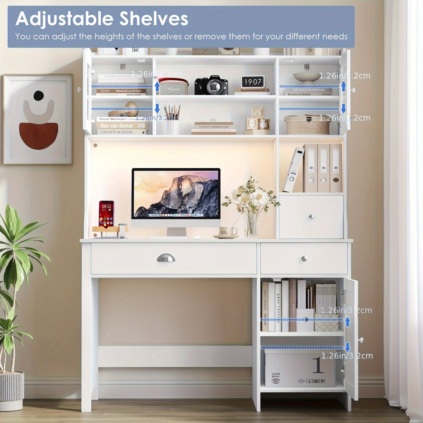 Wit Houten Bureau – Schrijftafel – Computertafel – Make-up Tafel – Werkplek Meubel – Met 3 Lades en 3 Deuren – Verstelbare Planken – Stevig en Ruim