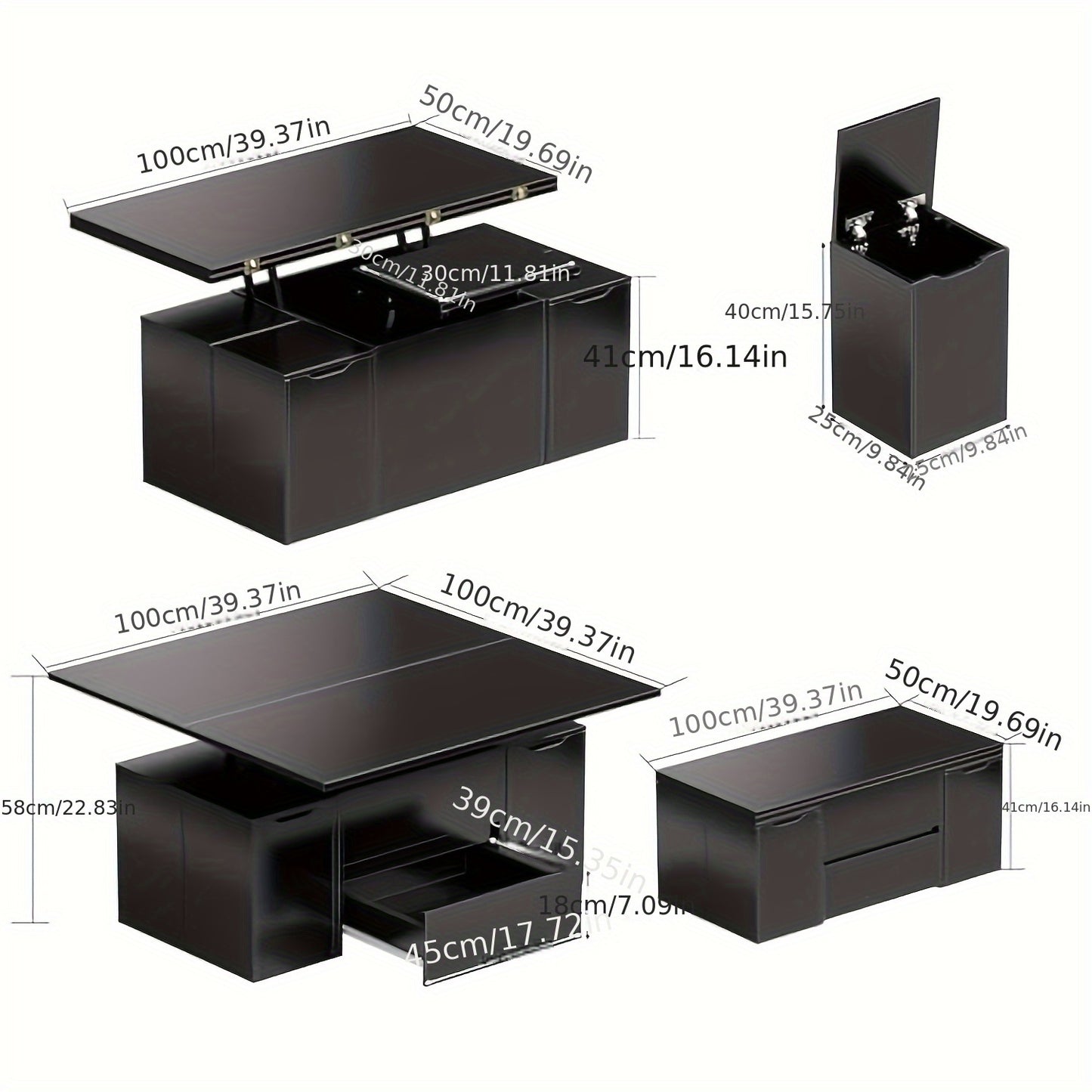 Salontafel – Multifunctionele Tafel – Uitklapbare Tafel – Eettafel – Bijzettafel – Verstelbare Hoogte – Inclusief 4 Opbergkrukken Zwart