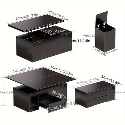 Salontafel – Multifunctionele Tafel – Uitklapbare Tafel – Eettafel – Bijzettafel – Verstelbare Hoogte – Inclusief 4 Opbergkrukken Zwart