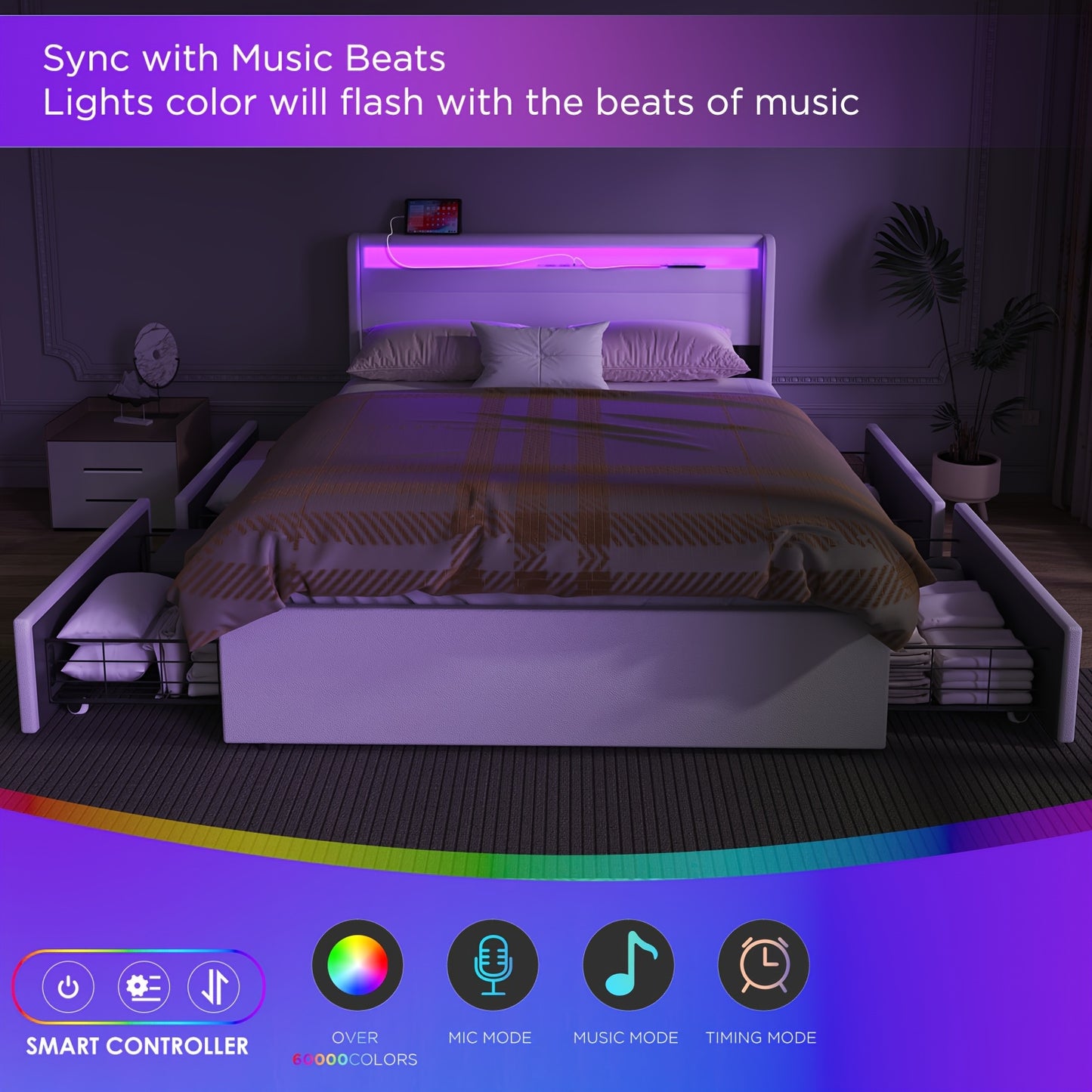 Bedframe – Tweepersoonsbed – Opbergbed – Gestoffeerd Bed – Led Bed – 140x200 cm – Met 4 Lades – USB RGB Verlichting
