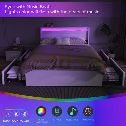 Bedframe – Tweepersoonsbed – Opbergbed – Gestoffeerd Bed – Led Bed – 140x200 cm – Met 4 Lades – USB RGB Verlichting