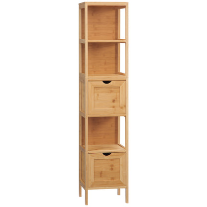 Kleankin Bathroom Column Cabinet Tall Storage Cabinet in Bamboo 2 Removable Drawers And 3 Shelves - Natural Design - 30 X 30 X 140 Cm Natural