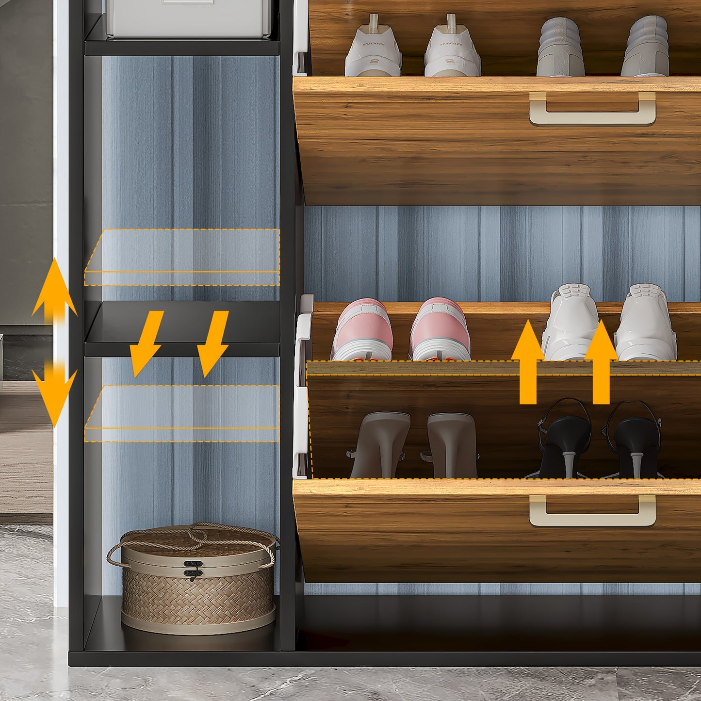 Houten Schoenenkastje – Schoenopberger – Schoenenrek – Schoenentoren – Schoenendisplay – Zwart – 2 Klapladen – Geschikt Voor 12-15 Paar Schoenen