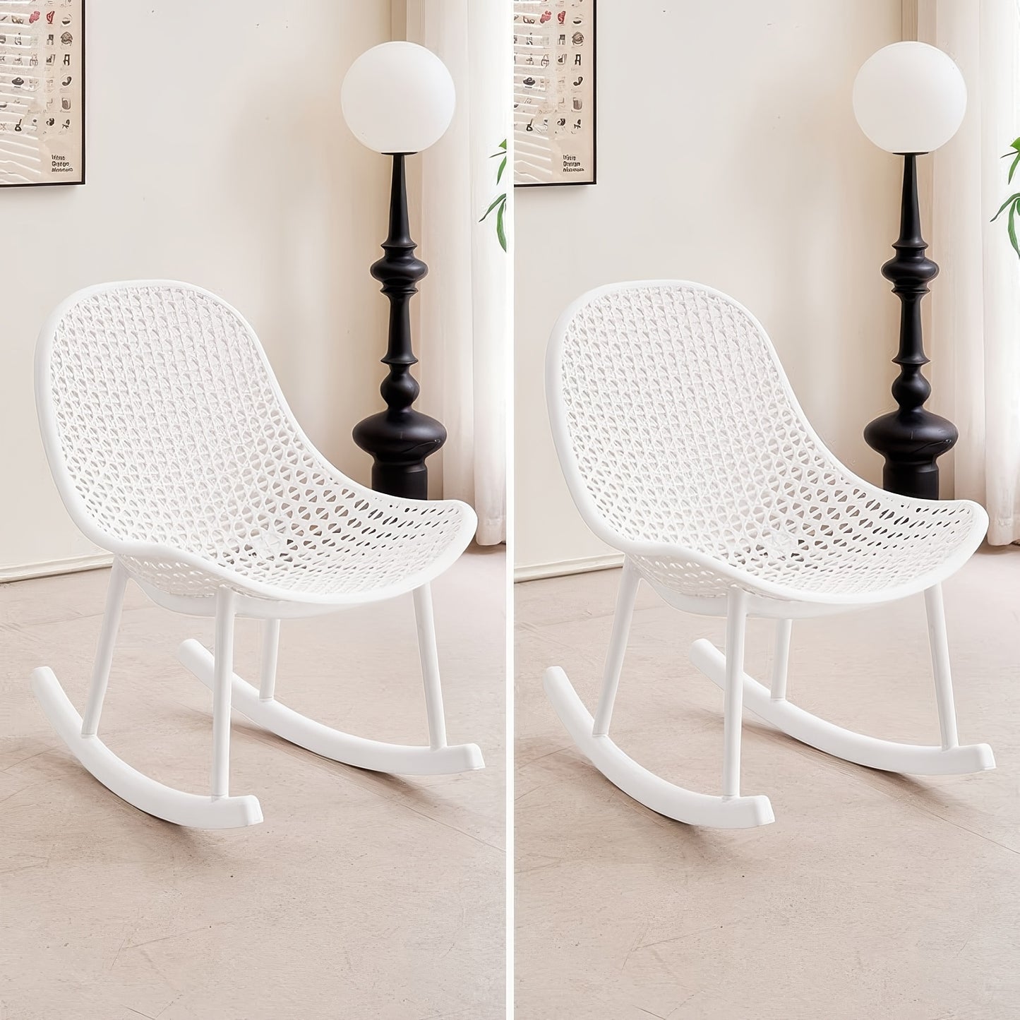 Rocking chair 2pcs set Ergonomic design for living room bedroom study Indoor PP material up to 200kg loadable Modern White, Chaise Confortable, Chaise Longue, Chaise Pliable, Cozy Seating, Bedroom Seating, Minimalist Design,