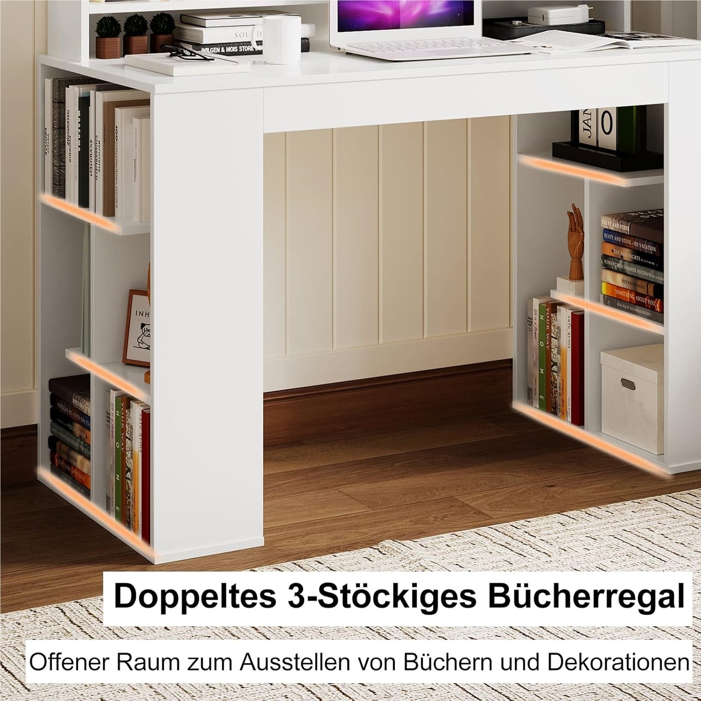 Bureaublad Met Monitorstandaard – Computerbureau – Werktafel – Bureau Met Boekenplank – Bureau Met Opslag – Stevig MDF Materiaal – Ergonomische Monitorverhoger – Wit
