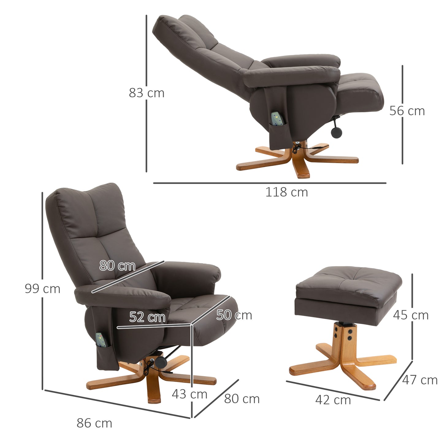 Relaxfauteuil – Relaxstoel – Ligstoel – Massagestoel – Tv-Fauteuil – Verstelbare Rugleuning 145° – 10 Vibratiepunten Zonder Elektriciteit – Bruin Kunstleer 80x86x99 cm