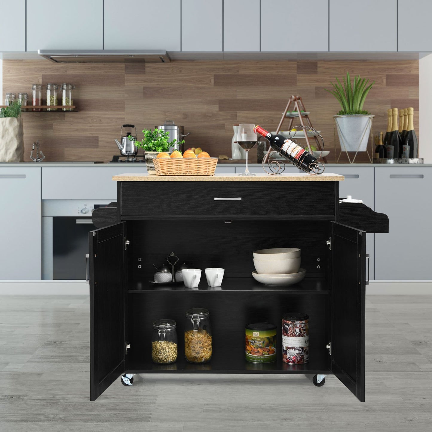 Keukentrolley – Serveerwagen – Keukenkast – Opbergtrolley – Keukenkar – Zwart – Met Handdoekhouder en Kruidenrek – Verstelbare Plank en Lade