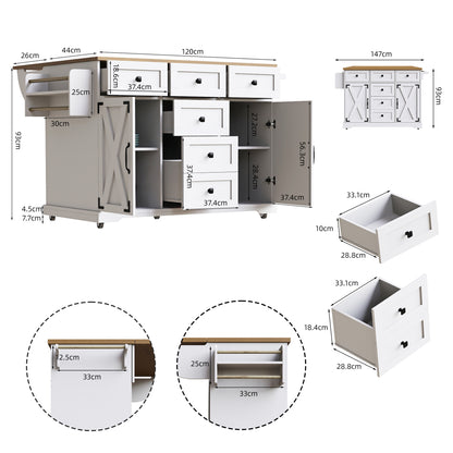 Modern Wit Keukeneiland – Mobiele Serveertafel – Keuken Trolley – Werkblad Met Opbergruimte – Opbergkast Met Laden – Verstelbare Planken – Ruim Werkblad – Mobiel En Compact