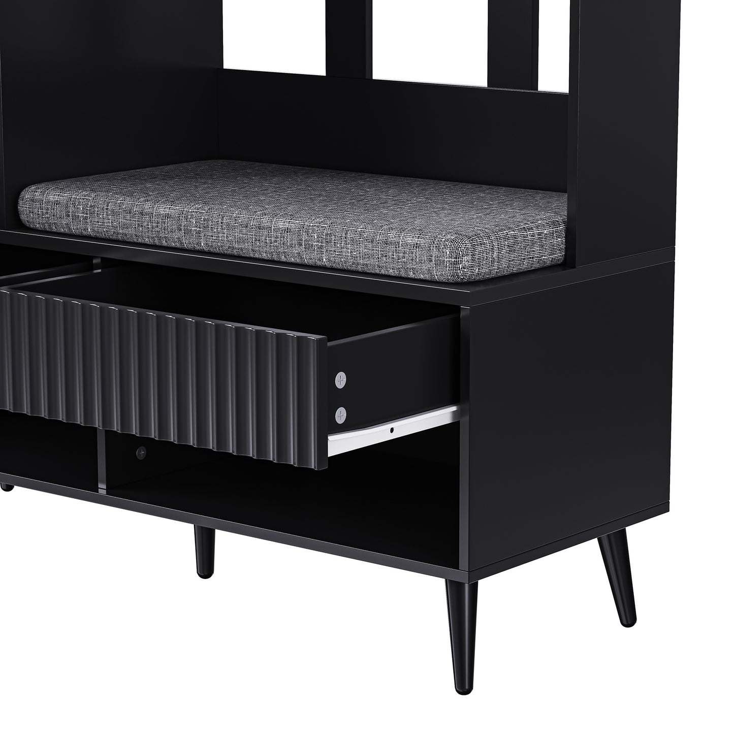 Halmeubel – Kapstok – Schoenenrek – Opbergkast – Zitbank – 6-in-1 Multifunctioneel – Mat Zwart MDF – 100x35x180 cm – Kantelbeveiliging