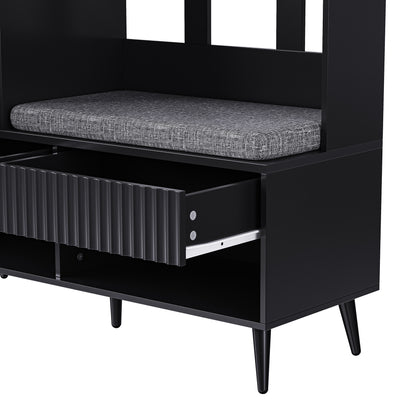 Halmeubel – Kapstok – Schoenenrek – Opbergkast – Zitbank – 6-in-1 Multifunctioneel – Mat Zwart MDF – 100x35x180 cm – Kantelbeveiliging