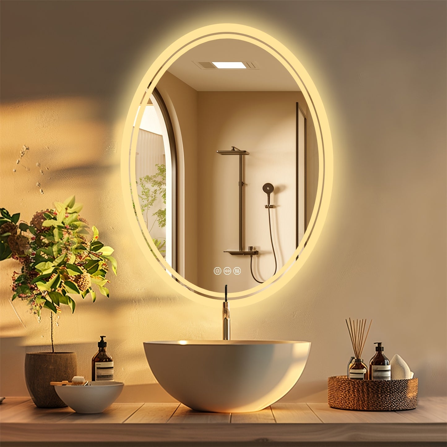 Ovale LED Badkamerspiegel – Spiegel Met Verlichting – Make-up Spiegel – Scheerspiegel – Wandspiegel – 60x80 cm – Anti-Fog Functie – Dimbare Driekleurige LED Verlichting