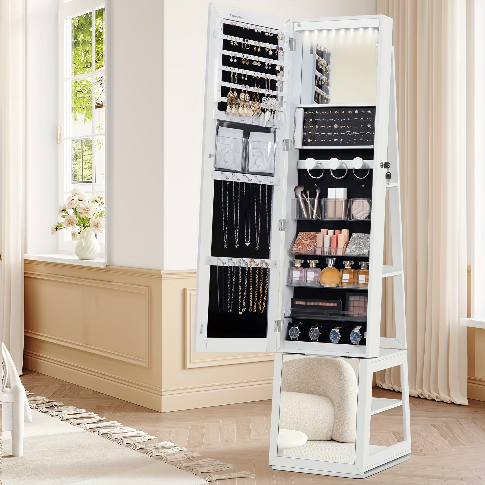 Mirror Jewellery Cabinet, Standing Jewellery Organiser with 360° Rotating Base, Full Length Lockable Mirror, Large 4-Tier Storage Compartments, 4-in-1 Multifunctional, White, Jewelry Armoires - QUORE