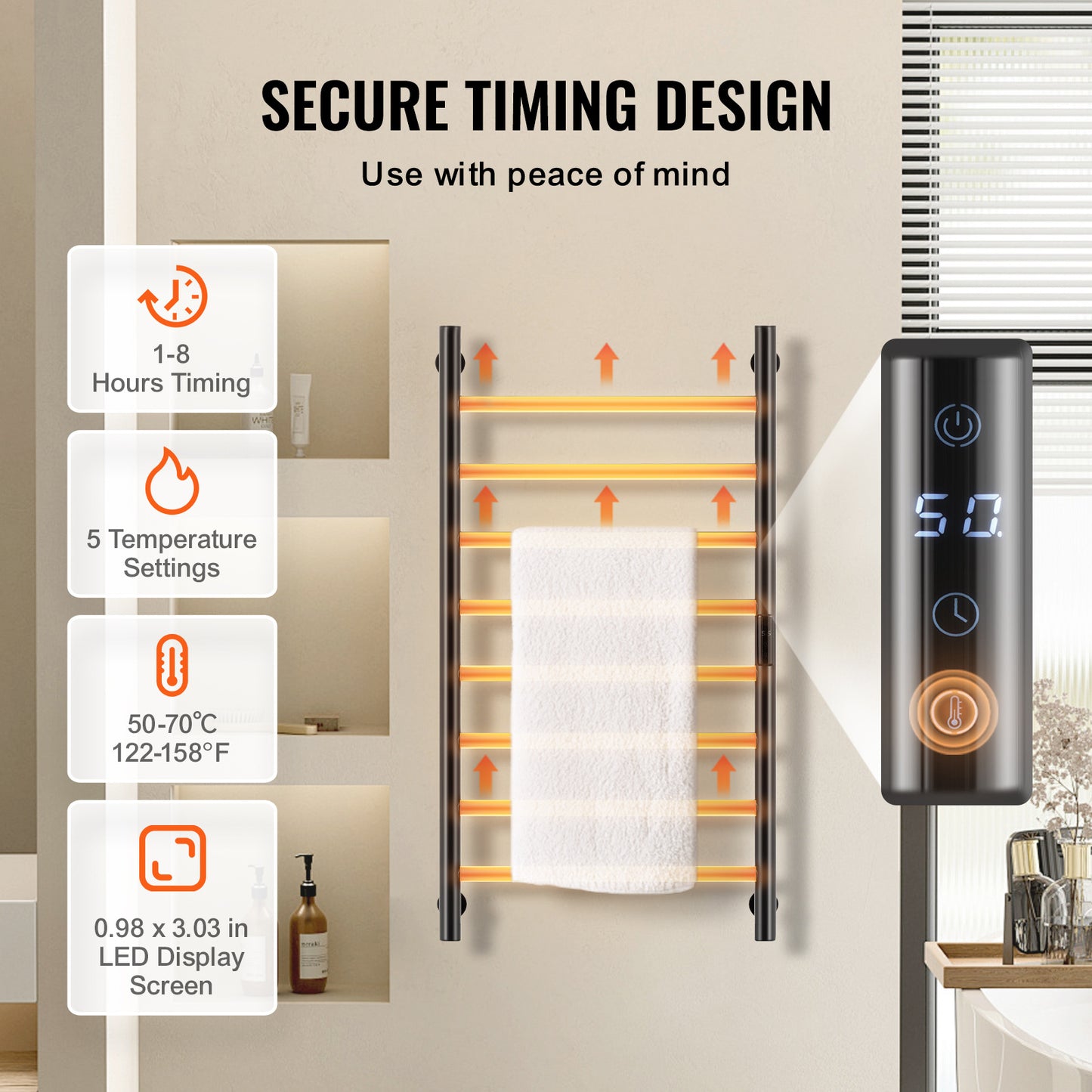 Handdoekwarmer – Handdoekverwarmer – Towel Warmer – Handdoekstomer – Handdoek Warmer – Zwart – Roestvrij Staal – 5 Temperatuurniveaus Met Timer