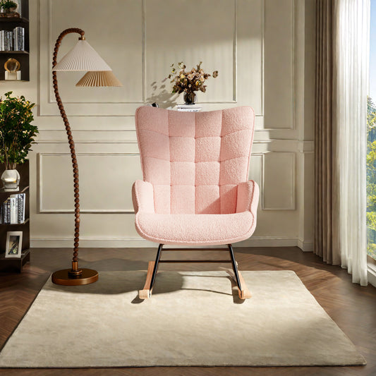 Schommelstoel – Schommelstoel Met Armleuning – Relaxstoel – Rocking Chair – Fauteuil Roze – Zachte Teddy Bekleding – Hoog Rugstuk Ergonomisch