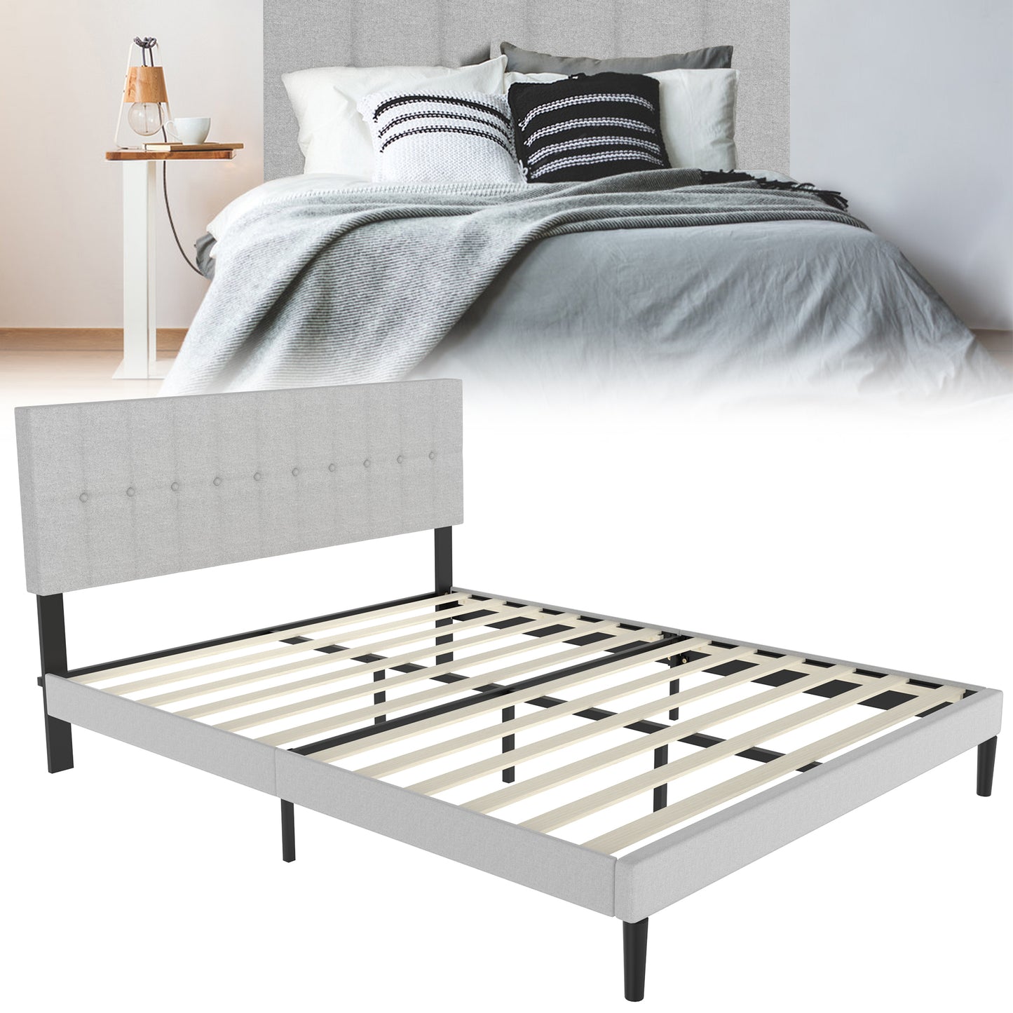 Bedframe – Bedombouw – Bedbodem – Ledikant – Boxspring – Lichtgrijs Linnen – 160x200 cm – Draagkracht 300 kg