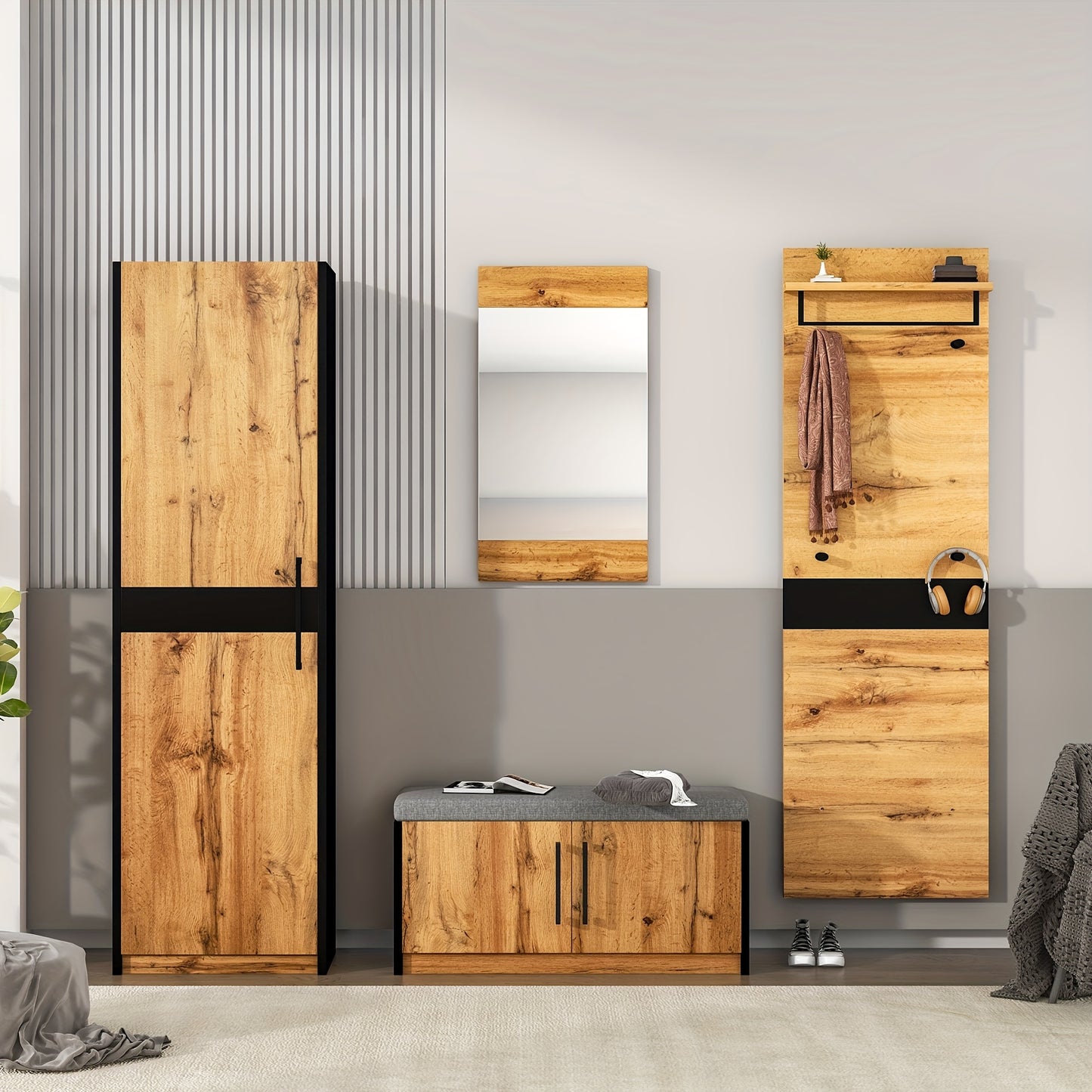 Halmeubelset – Kapstok – Schoenenrek – Wandkapstok – Garderobekast – Geel – Compact Ruimtebesparend – Rotan Deuren