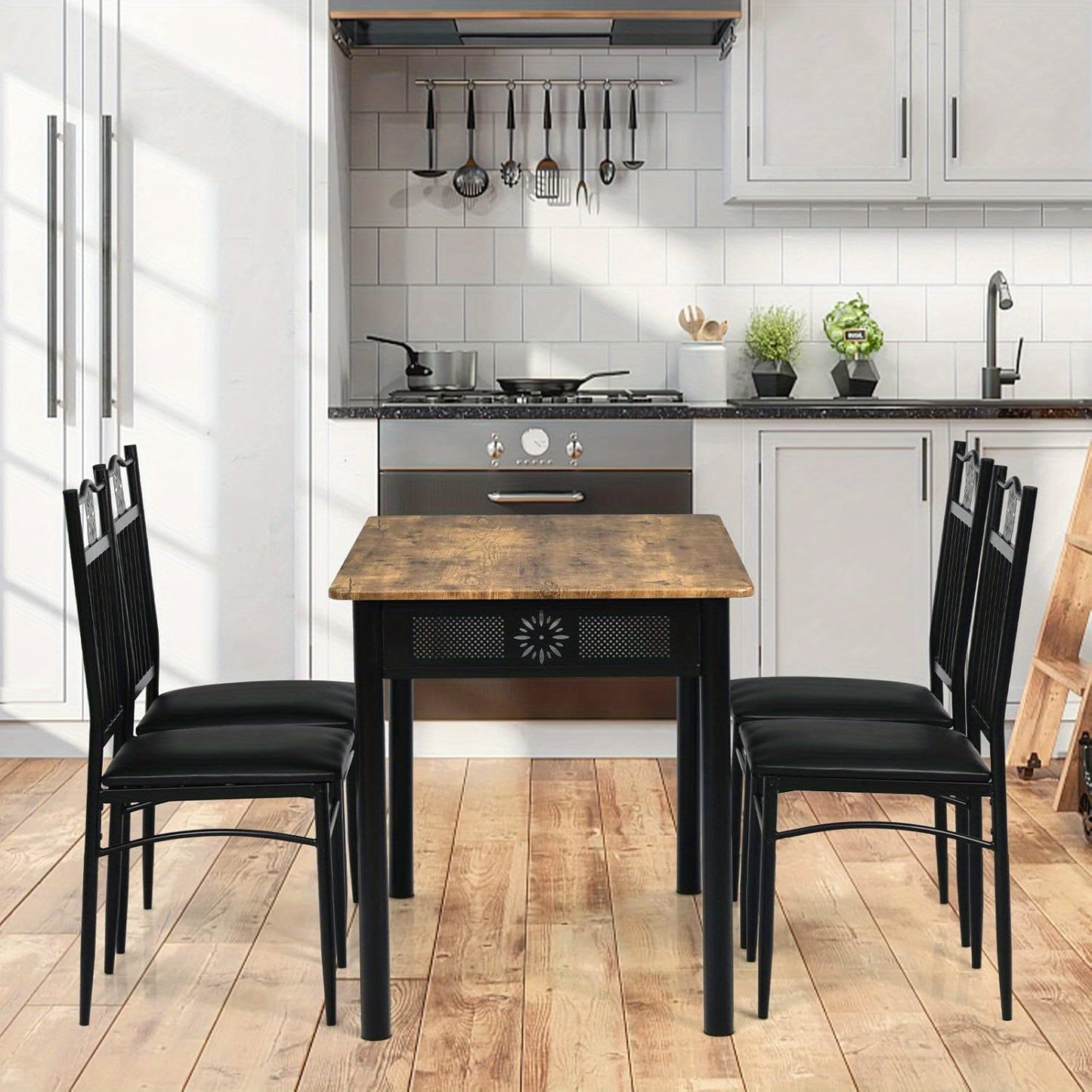 Eettafelset – Eettafel met Stoelen – Tafel En Stoelset – 4 Persoons Eettafel – Zwarte Eetkamer Set – Compact 107 cm Tafel – Comfortabele Foam Stoelen