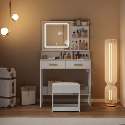 Kaptafel – Make-up Tafel – Dressing Table – Cosmeticatafel – Opmaaktafel – Verstelbare LED Verlichting – USB- & Stopcontacten – Wit – Met Kruk – 2 Lades – Open Planken – 140x80x40 cm – Houtvezelplaat