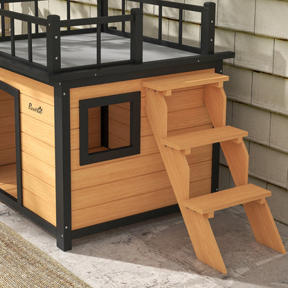 Hondenhok – Hondenhuis – Hondenkennel – Buitenhok – Hondenverblijf – Weerbestendig Hout – Met Dakterras 121x77x78 cm – Zwart/Geel