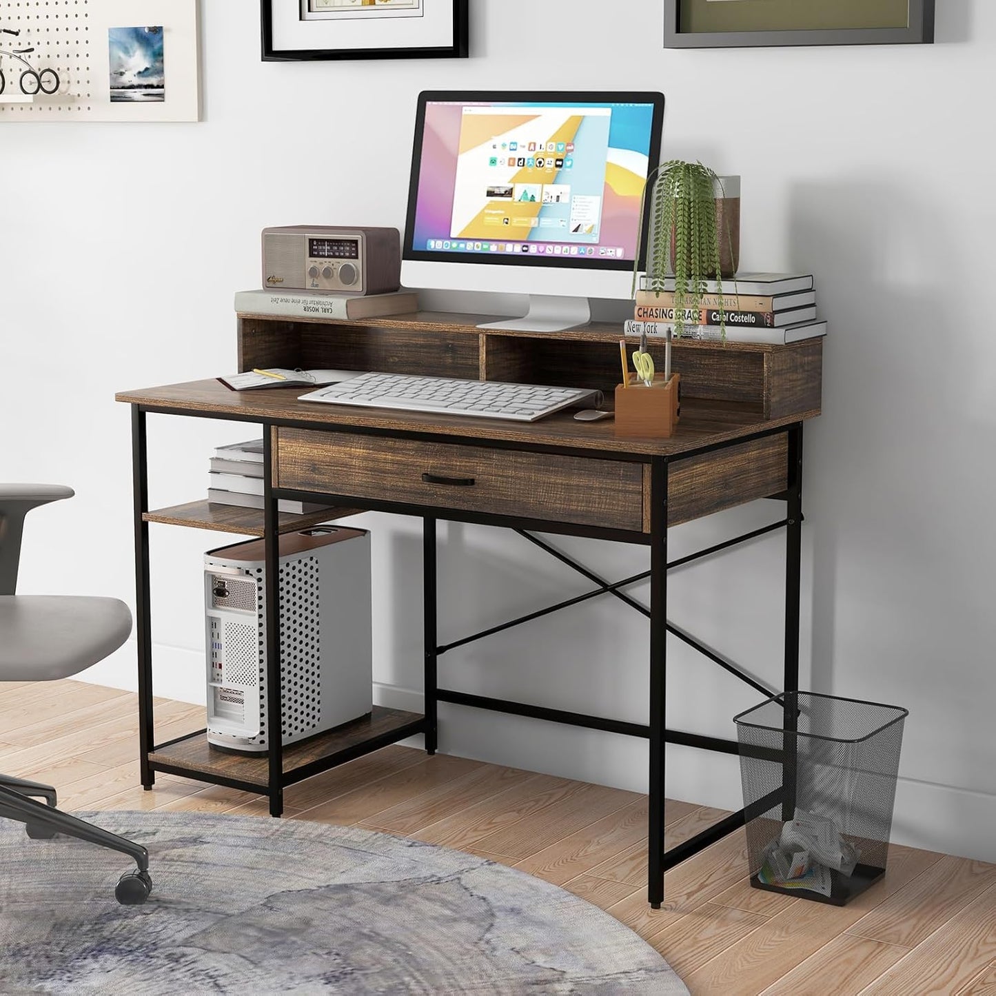 Desk with Drawer, Monitor Stand & 2 Open Shelves, Computer Table with Metal Frame, PC Table, Office Table, 120 x 56 x 90.5 cm, Rustic Brown