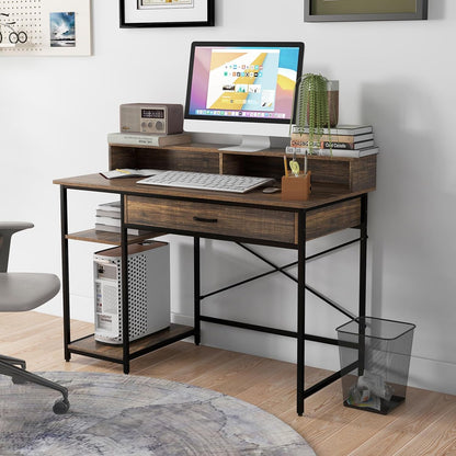 Desk with Drawer, Monitor Stand & 2 Open Shelves, Computer Table with Metal Frame, PC Table, Office Table, 120 x 56 x 90.5 cm, Rustic Brown