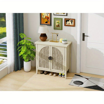Modern Natural Rattan Storage Cabinet with Two Doors - Curved Sideboard or China Cabinet, Sturdy Metal Frame, Open Shelf & Closed Storage Compartments, Space-Saving Entryway, Living Room, Dining Room, Kitchen Organizer - No A