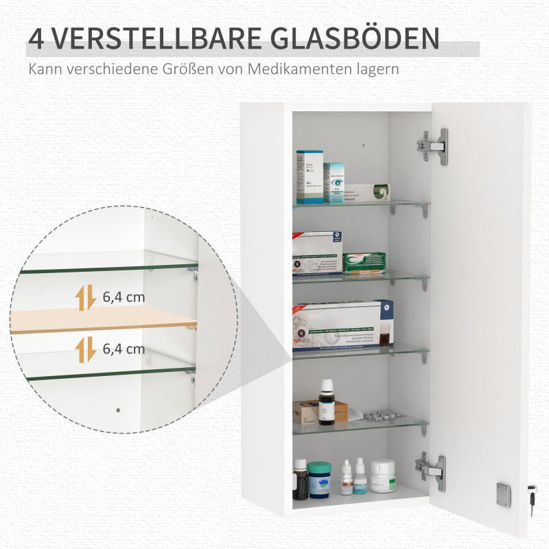 Kleankin Lockable Adjustable Medicine Cabinet with Key Lock & Red Cross Emblem - White Retro Style First Aid Storage Cabinet with Shelves & Door Storage, No Power Required for Home, Office, Bathroom, or Use - Durable & Portab