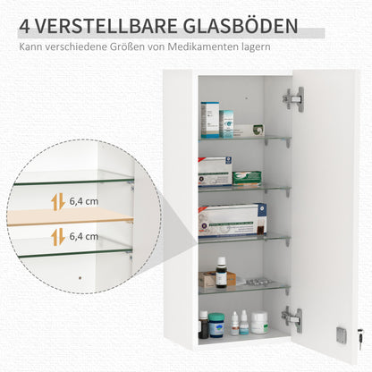 Kleankin Lockable Adjustable Medicine Cabinet with Key Lock & Red Cross Emblem - White Retro Style First Aid Storage Cabinet with Shelves & Door Storage, No Power Required for Home, Office, Bathroom, or Use - Durable & Portab