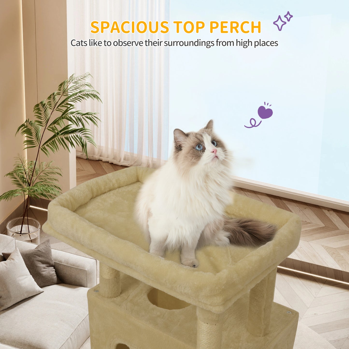Krabpaal – Kattenkrabpaal – Kattenboom – Kattenhuis – Kattentoren – 210 cm Hoogte – Groot Platform 60x40 cm – Wasbare Mat – 8 Sisal Krabpalen – Geschikt Voor Grote Katten – Beige