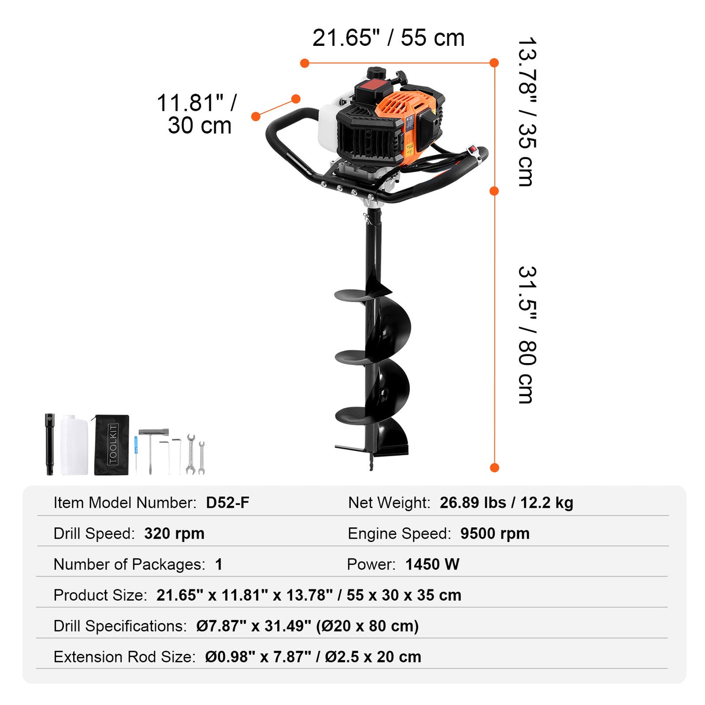 Grondboor – Paalboor – Boor – Tuinboor – Gatenboor – 52cc Benzinemotor – 8 Inch Gelegeerd Staal Boorbit