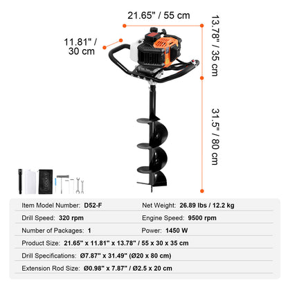 Grondboor – Paalboor – Boor – Tuinboor – Gatenboor – 52cc Benzinemotor – 8 Inch Gelegeerd Staal Boorbit