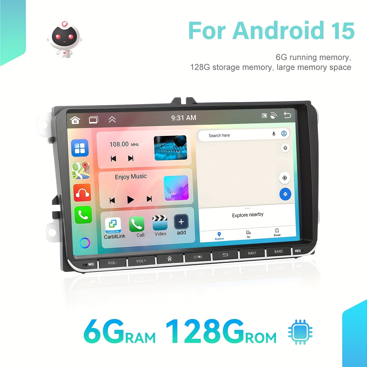 Android 15 Autoradio – Car Stereo – Double Din Radio – Multimedia Systeem – Hoofdunit – 22,86 cm Capacitive Touchscreen – Wireless Carplay & GPS Navigatie