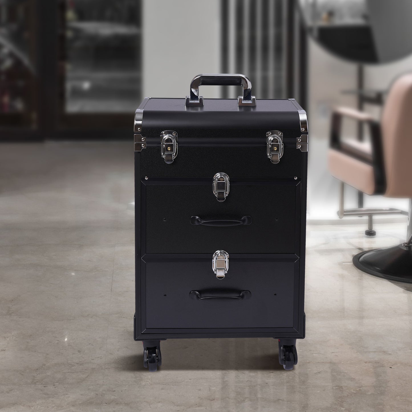 Make-up Koffer – Make-up Trolley – Cosmetica Opbergkoffer – Beauty Koffer – Make-up Kist – Aluminium Frame – 3-laags Met Wieltjes – Zwart