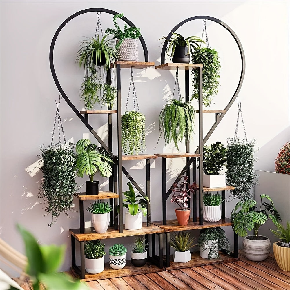 Plantenrek – Plantenstandaard – Bloemenrek – Plantentafel – Plantenetagère – Set van 2 Hartvormige Standaards – MDF en Metaal – 6 Lagen