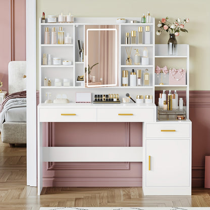 Make-uptafel – Kaptafel – Make-upmeubel – Schminktisch – Witte Make-uptafel – Groot Tafelblad 130 cm – Negen Open Schappen – Twee Lades – Kastje Met Plank