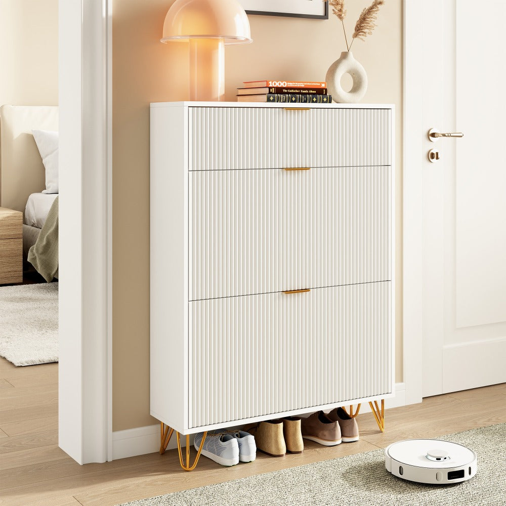Schoenenkast – Schoenenrek – Schoenendresser – Schoenopberger – Halmeubel – 3 Lagen Opbergruimte – Wit MDF Met Goudkleurige Accenten – 80x24x118,5 cm Compact Formaat