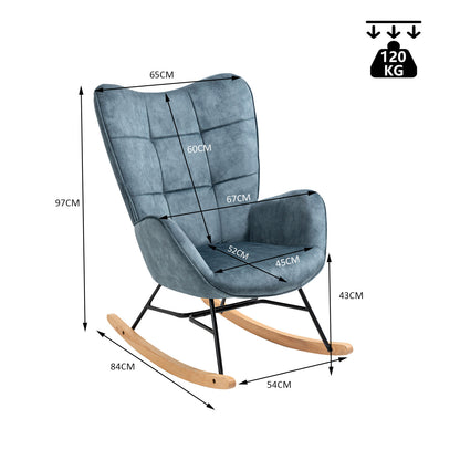 Schommelstoel – Relaxstoel – Fauteuil – Loungestoel – Stoel – Scandinavisch Design – Met Metalen Frame en Beukenhouten Poten – Hoog Rugleuning – Comfortabele Stoffen Bekleding – Blauw – 67x84x97 cm