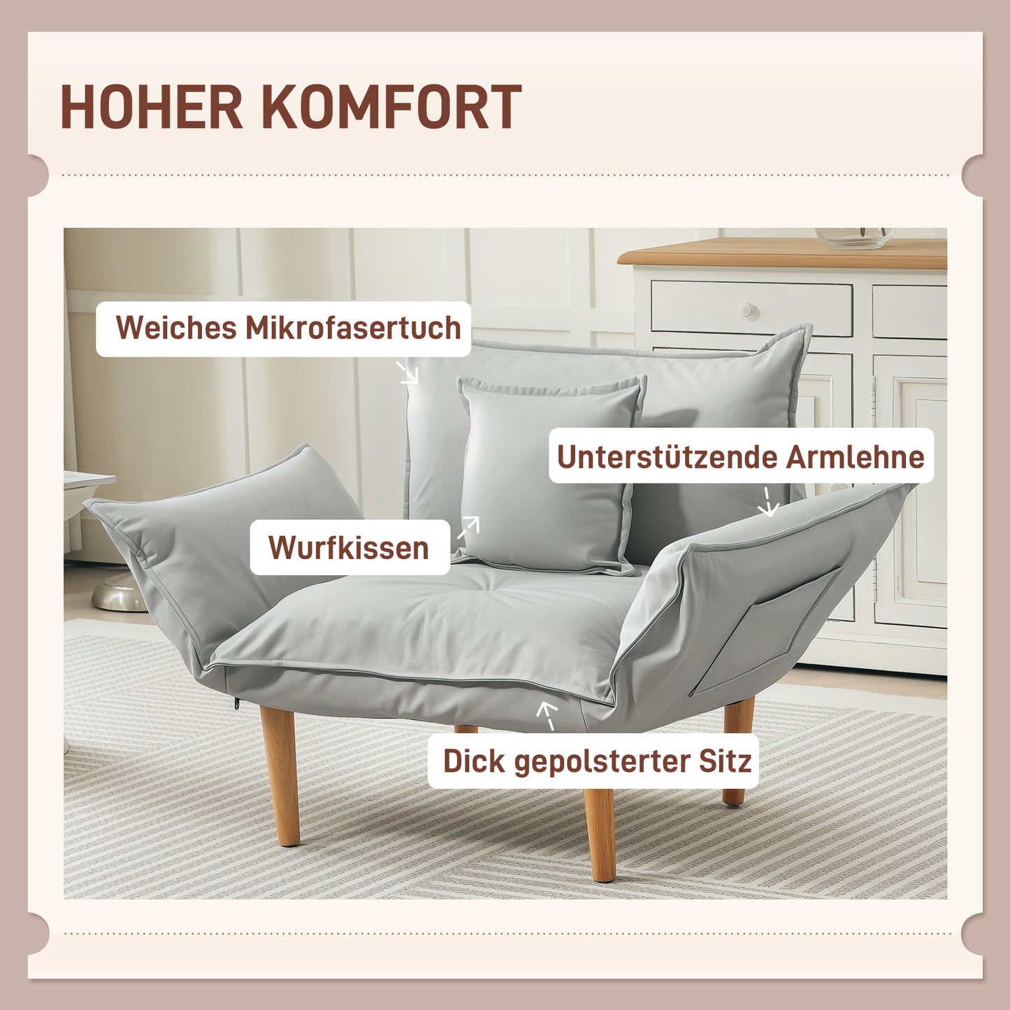 2-in-1 Fauteuil – Lounge Stoel – Vloerstoel – Verstelbare Relaxstoel – Enkelstoel – Lichtgrijs Microvezel – Verstelbare Rugleuning – Verwijderbare Poten