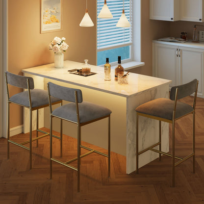 Hoge Bartafel Set – Barmeubel – Bistroset – Hoge Eettafel – Barstoel – Gouden Metaal – Velours Grijs – Ruimtebesparend Ontwerp – Eenvoudige Montage