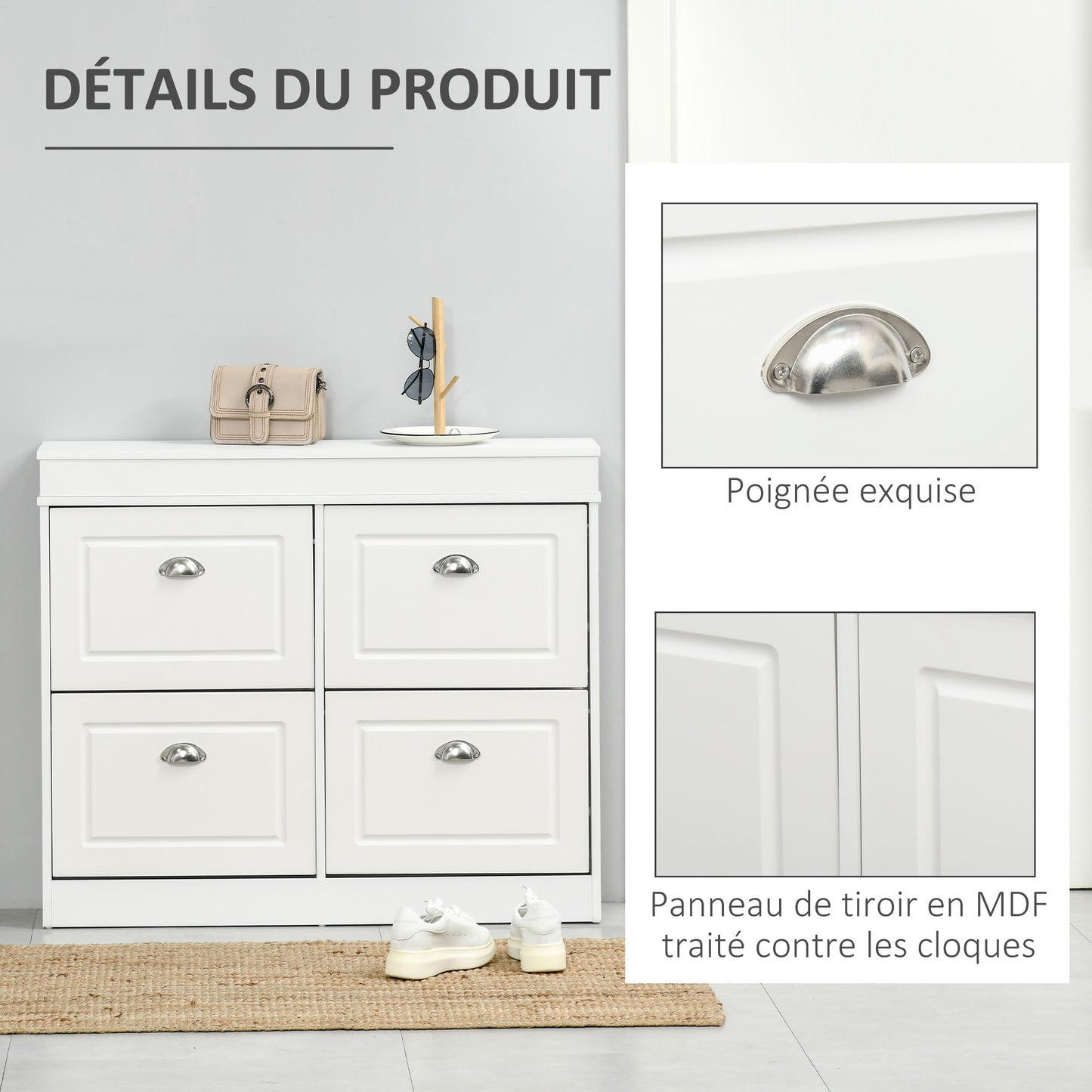 Schoenenkast – Schoenenrek – Schoenopbergmeubel – Schoenenkast – Schoenenhouder – Wit MDF – 4 Vouwdeuren – Ruime Opbergruimte – Compact Design 98x24x83 cm