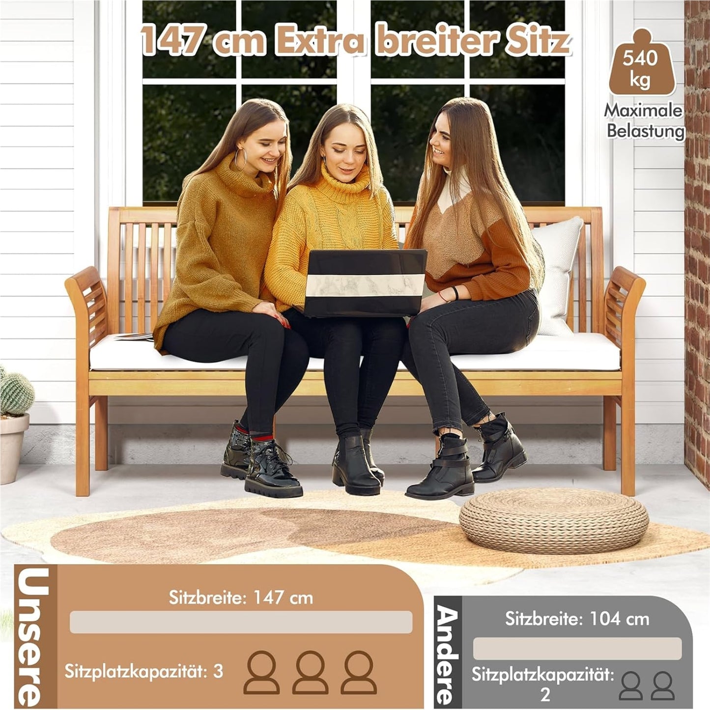 Tuinbank – Buitenbank – Houten Bank – Balkonbank – Parkbank – Acaciahout – 3-Zits – Inclusief Zitkussen – Draagvermogen 540 kg