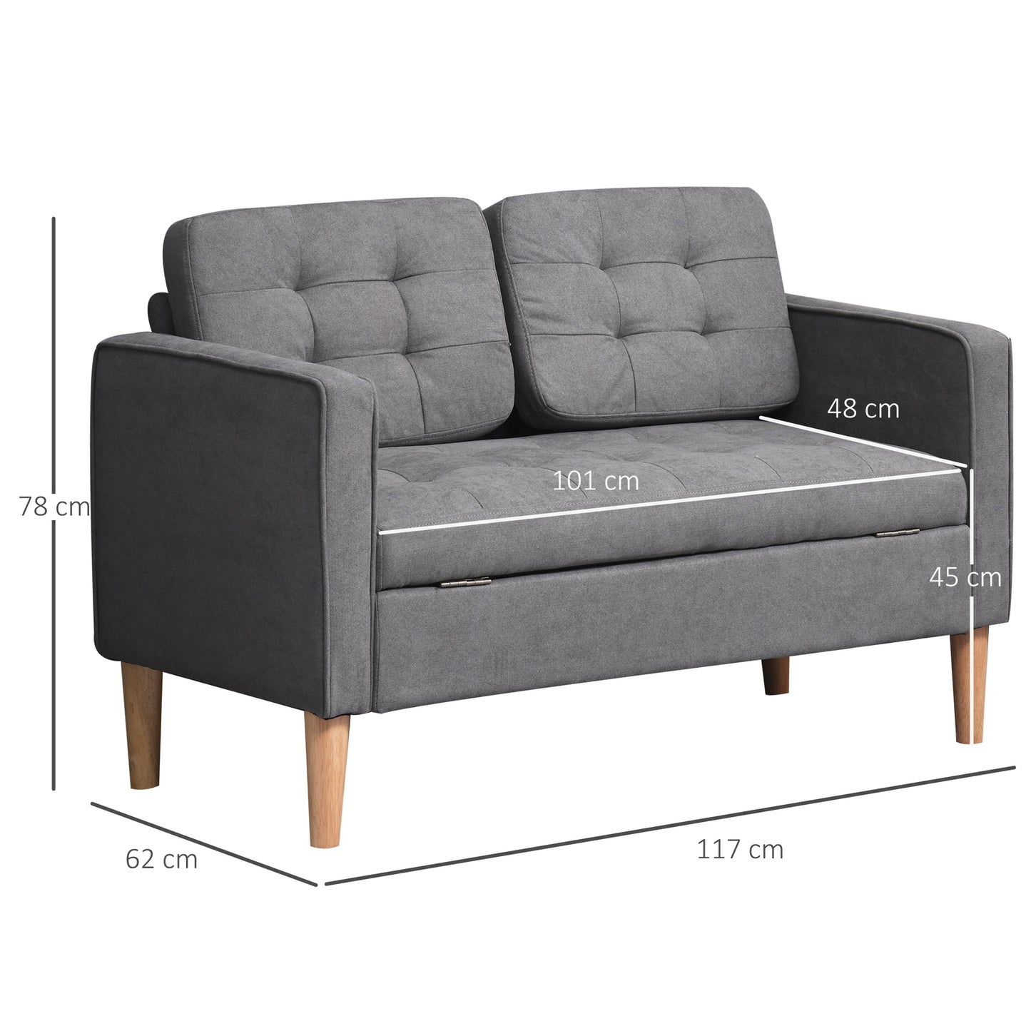 2-zitsbank – Tweezitsbank – Sofa – Loveseat – Bank – Lichtgrijs – Met Opbergruimte – Massief Houten Frame – Compacte Afmetingen 117x62x78 cm